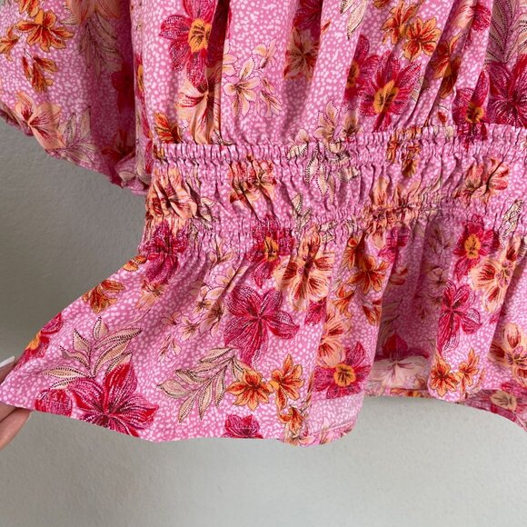 LOFT Womens Plus XXL Floral Pink Lily Gathered Waist V Neck Blouse Shirt Top - Picture 11 of 14